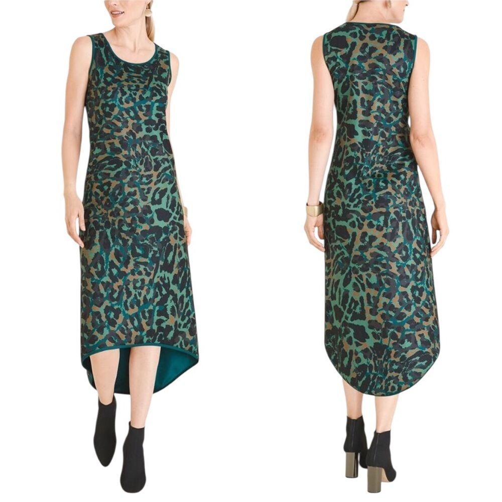 Chico's Green Animal Print High Low Hem Sleeveless Scuba Midi Dress size large